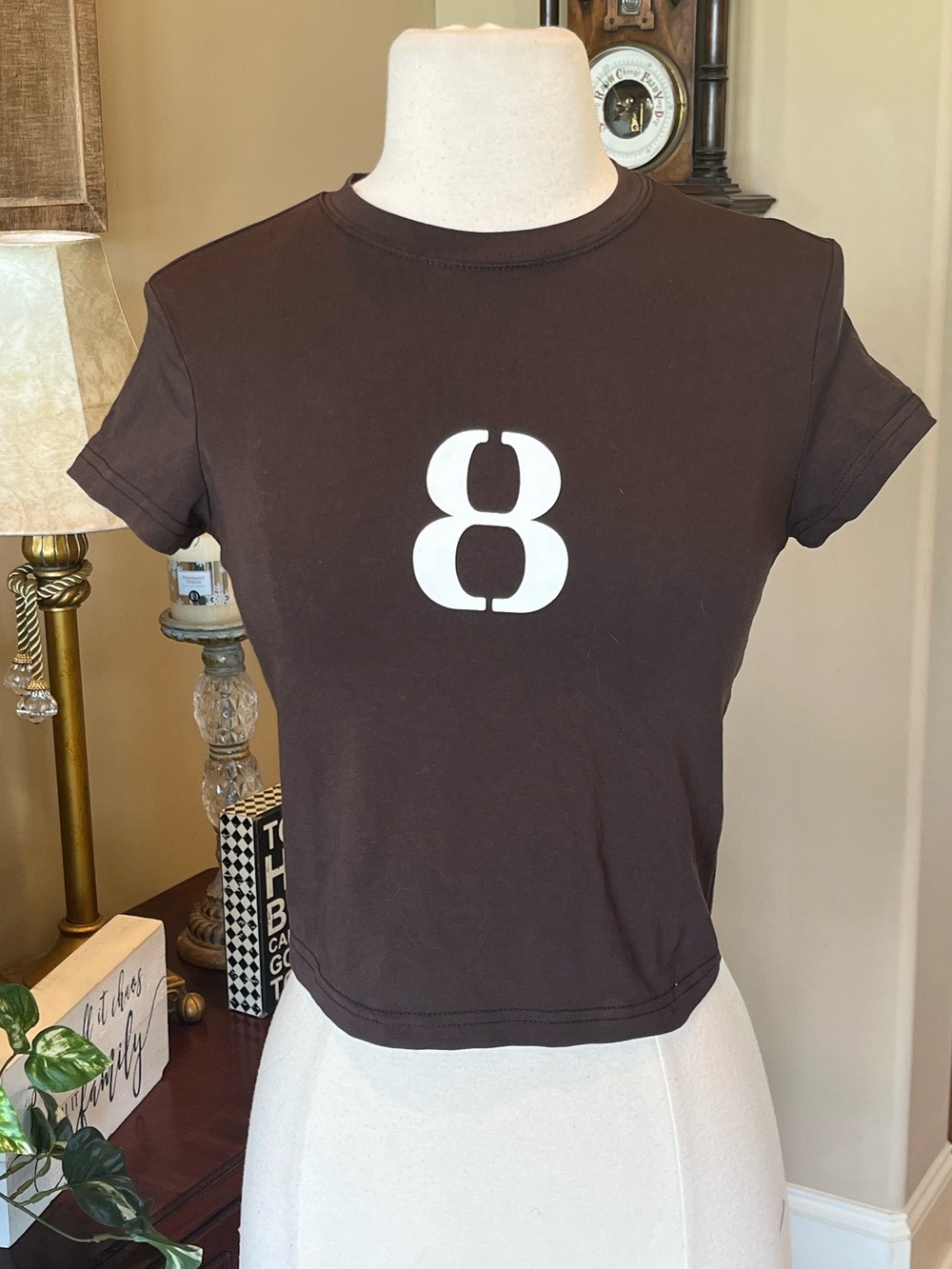 Classic Number-Print Crop Babydoll Tee - Brown